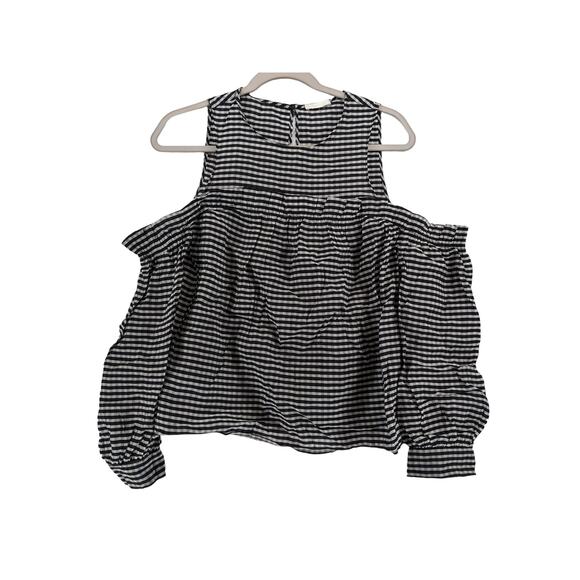 H&M Checked Blouse XS Black White‎ Cold Shoulder Ruffle Long Puff Sleeve Office - Picture 1 of 10